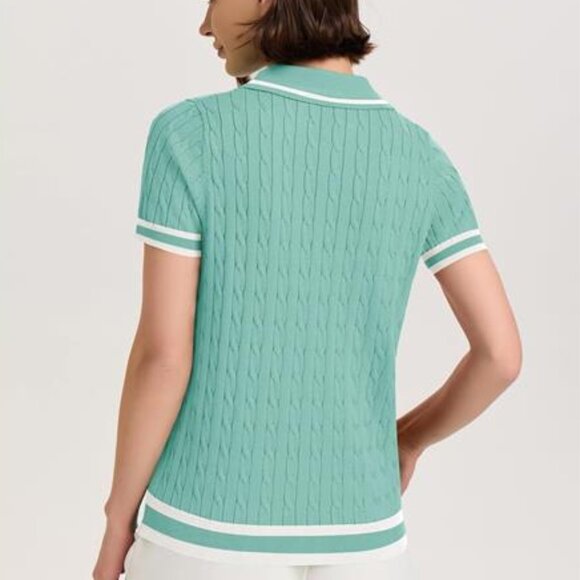 Women’s Short Sleeve Lightweight Cable Knit Sweater Top Mint Green V-Neck Blouse - Picture 3 of 6